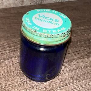 VTG Vicks Vapor Rub Blue Cobalt Glass Jar w/ Twist Metal Cap 2.5"  x 1.5" W #1